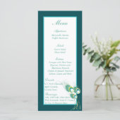 25 Moderne Blauwgroen Peacock Wedding Menu Labels (Staand voorkant)