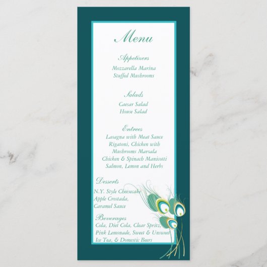 25 Moderne Blauwgroen Peacock Wedding Menu Labels (Voorkant)