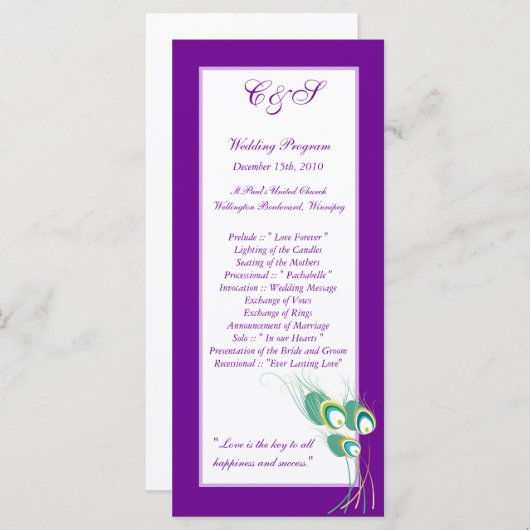 25 Moderne Paarse Peacock bruiloft programma's (Voorkant / Achterkant)