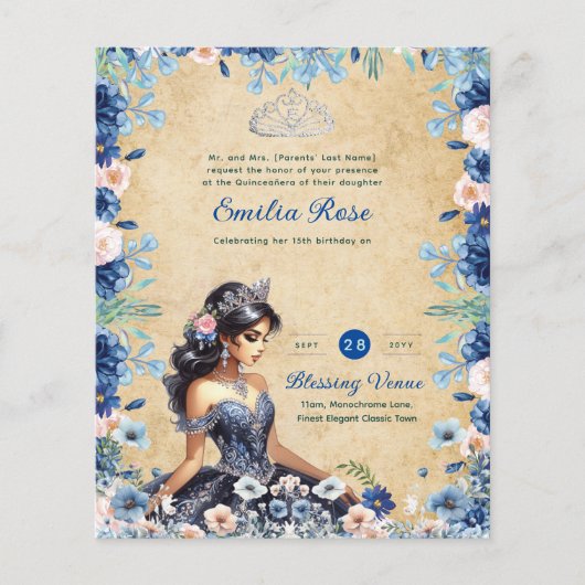 25 Navyblauwe Quinceanera-jurk Bloemrozen Flyer (Voorkant)