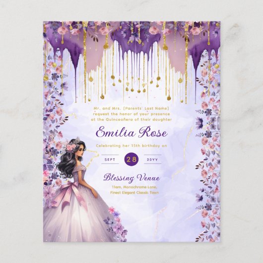 25 Paarse Goud Glitter Quinceanera Jurk Bloemig Flyer (Voorkant)