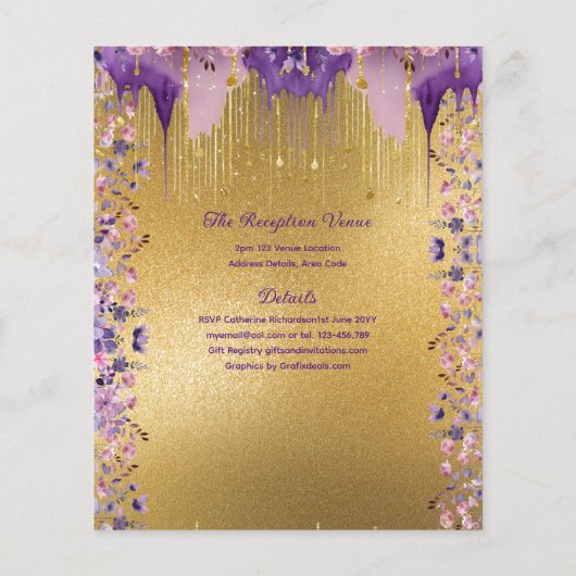 25 Paarse Gouden Sparkle Quinceanera Jurk Bloemen Flyer (Achterkant)
