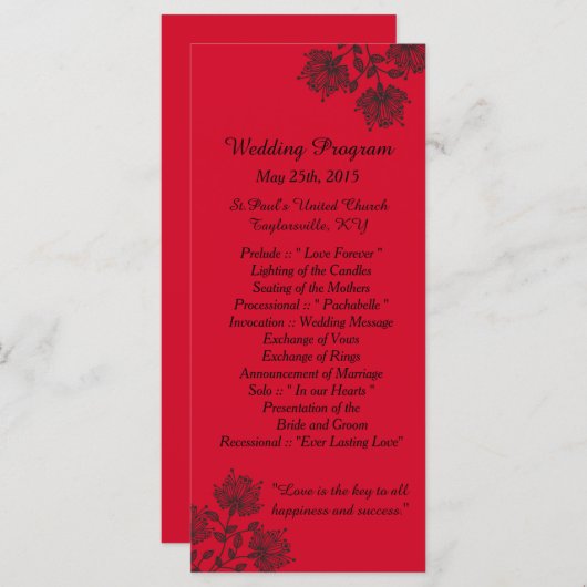 25 Rood- en zwarte Floral Wedding-programma's Programmakaart (Voorkant / Achterkant)