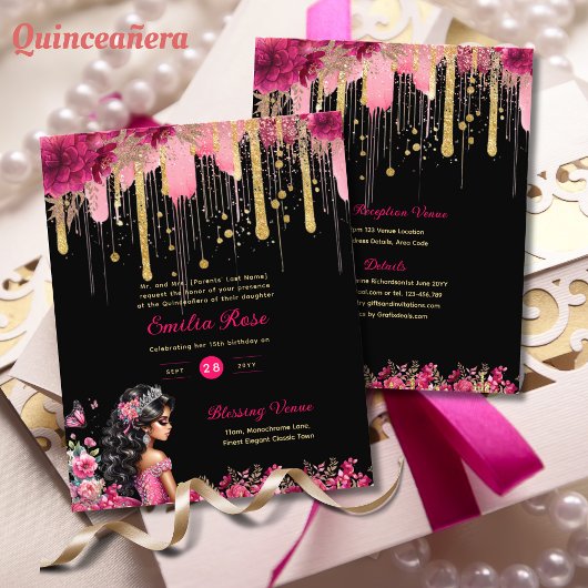 25 ROZE Gouden Sparkles Quinceanera Jurk Bloemen Flyer
