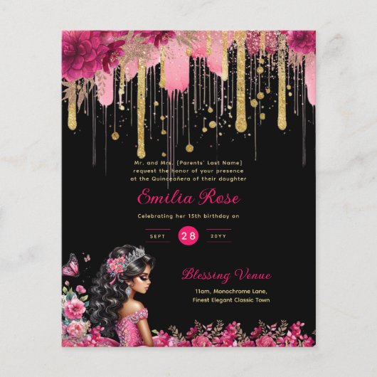 25 ROZE Gouden Sparkles Quinceanera Jurk Bloemen Flyer (Voorkant)