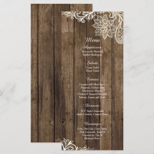 25 Rustieke Houten Kant Country Wedding Menu Kaart (Voorkant / Achterkant)