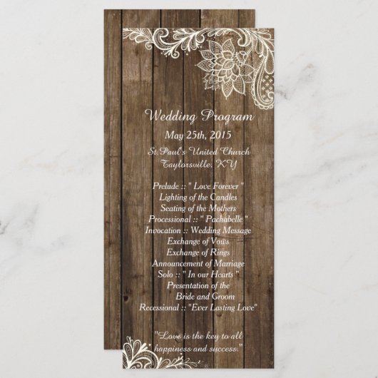 25 rustieke kant hout land bruiloft programma's (Voorkant / Achterkant)