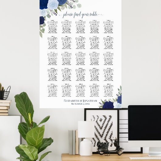 25 Tabel Blauwe Boho Floral Wedding Seating Chart Poster (Thuiskantoor)