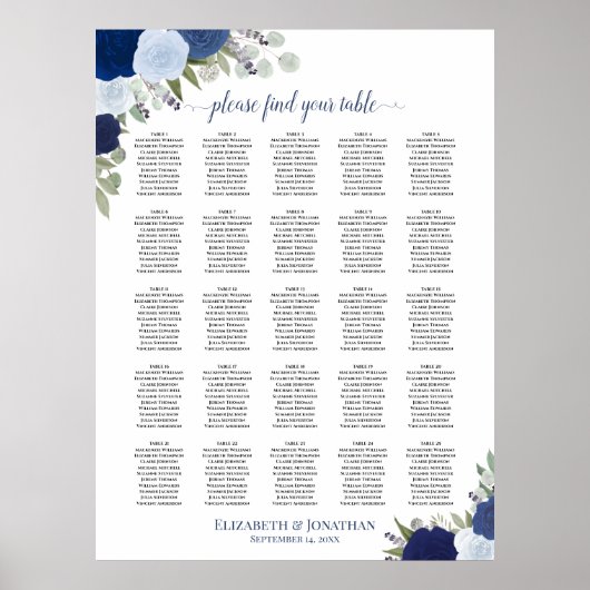 25 Tabel Blauwe Boho Floral Wedding Seating Chart Poster (Voorkant)