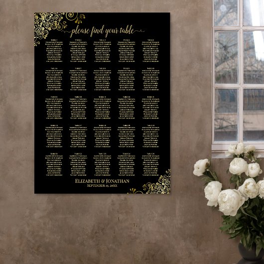 25 Tabel Gold- & Black Wedding Seating-kaart Poster