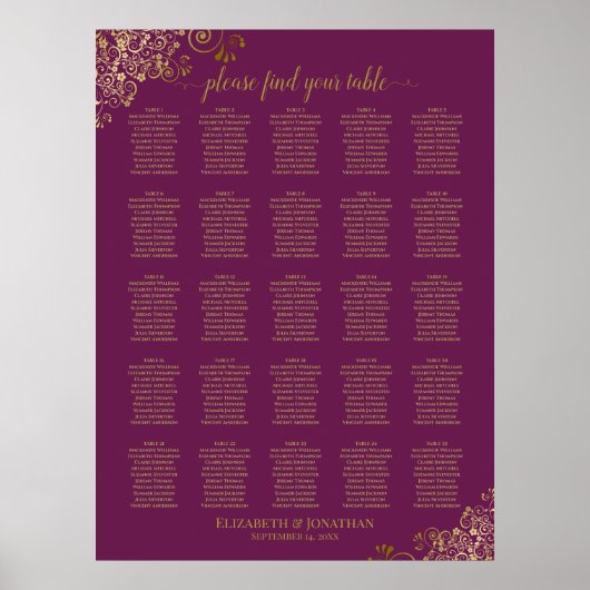 25 Tabel Gold Cassis Paars Wedding Seating Chart Poster (Voorkant)
