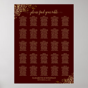 25 Tabel Gold- en Auburn bruin bruiloft Poster