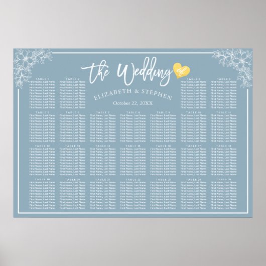 25 Tables Blue White Floral Wedding Seating Chart Poster (Voorkant)