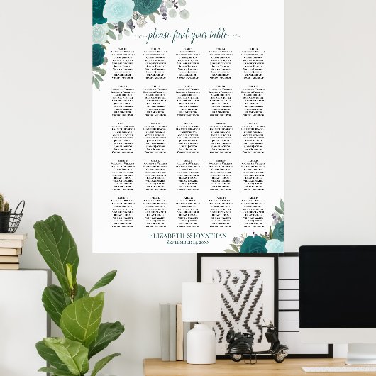 25 Tafel Blauwgroen Boho Bloemen Bruiloft Zitkaart Poster (Thuiskantoor)