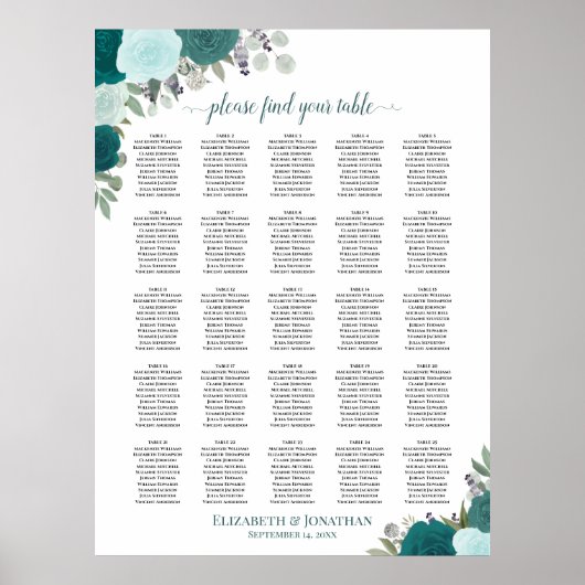 25 Tafel Blauwgroen Boho Bloemen Bruiloft Zitkaart Poster (Voorkant)