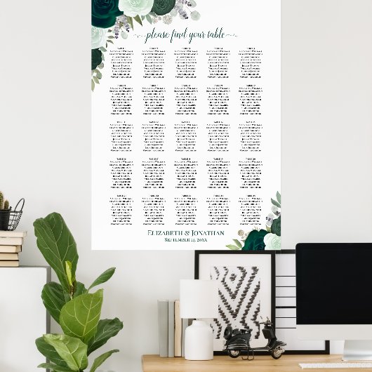 25 Tafel Emerald Boho Bloemen Bruiloft Zitkaarten Poster (Thuiskantoor)