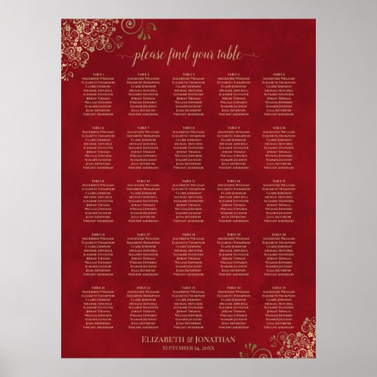 25 Tafel-goudvriendjes op de Rood Wedding Seating  Poster (Voorkant)