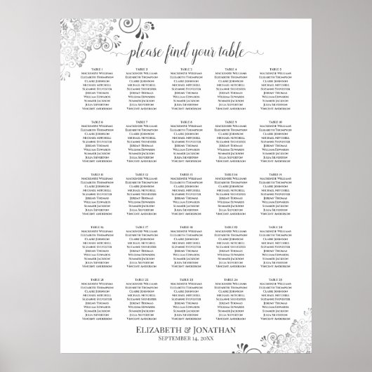 25 Tafel Lacy Silver Wedding Seating Chart White Poster (Voorkant)