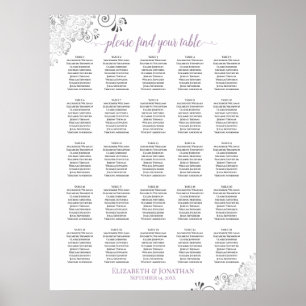 25 Tafel Lacy Wedding Seating Chart White Lavender Poster