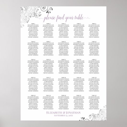 25 Tafel Lacy Wedding Seating Chart White Lavender Poster (Voorkant)