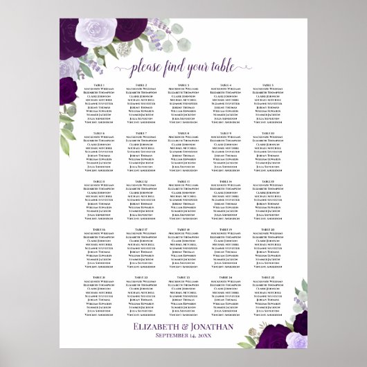 25 Tafel Paarse Boho Bloemen Bruiloft Zitkaarten Poster (Voorkant)