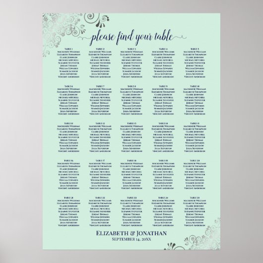 25 Tafelmarine en Mint Green Wedding Seating Chart Poster (Voorkant)