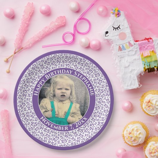 25 Uw foto Willekeurige nummerpatroon Paarse/wit Papieren Bordje (Feest)