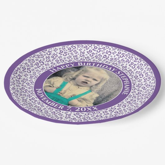25 Uw foto Willekeurige nummerpatroon Paarse/wit Papieren Bordje (Gekanteld)