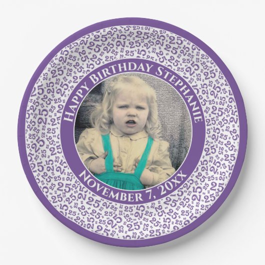 25 Uw foto Willekeurige nummerpatroon Paarse/wit Papieren Bordje (Voorkant)