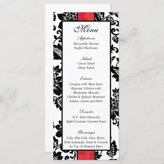 25 Zwart/Rood Bloemen Damast Trouwmenu Menu (Voorkant / Achterkant)