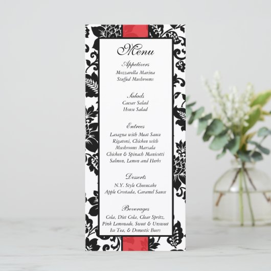 25 Zwart/Rood Bloemen Damast Trouwmenu Menu (Staand voorkant)