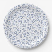 25e Birthday Blue/White Random Number Pattern Papieren Bordje (Voorkant)