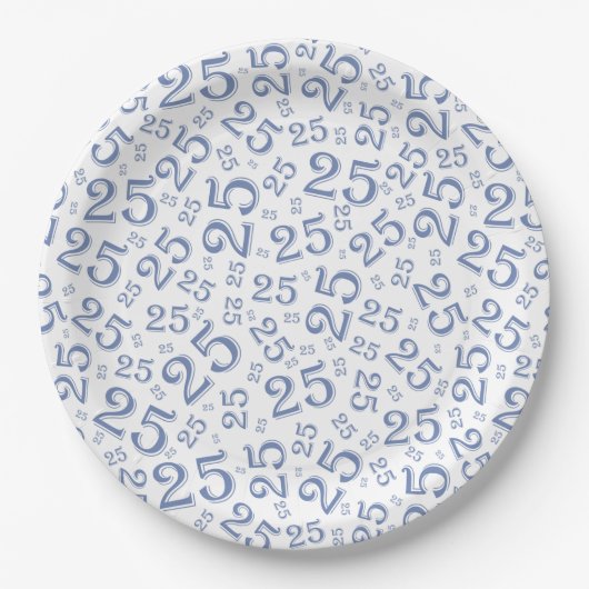 25e Birthday Blue/White Random Number Pattern Papieren Bordje (Voorkant)