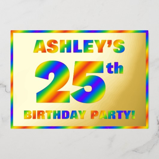 25e Birthday Party — Fun, regenboogspectrum "25" Folie Uitnodiging (Voorkant)