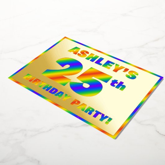 25e Birthday Party — Fun, regenboogspectrum "25" Folie Uitnodiging (Gedraaid)