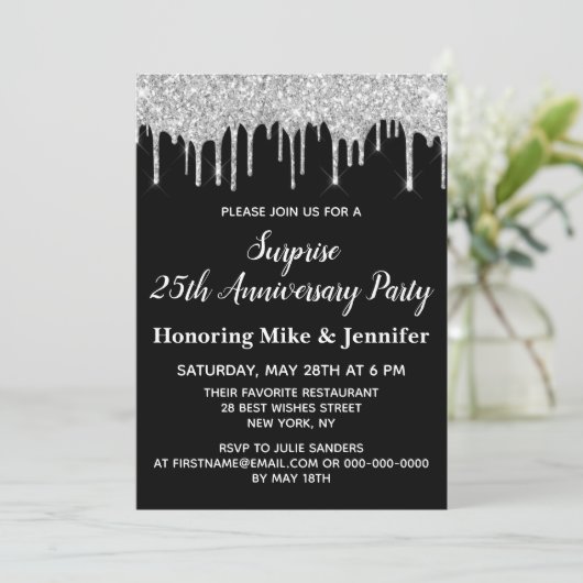 25e Black and Silver Surprise Jubileum Party Kaart (Staand voorkant)