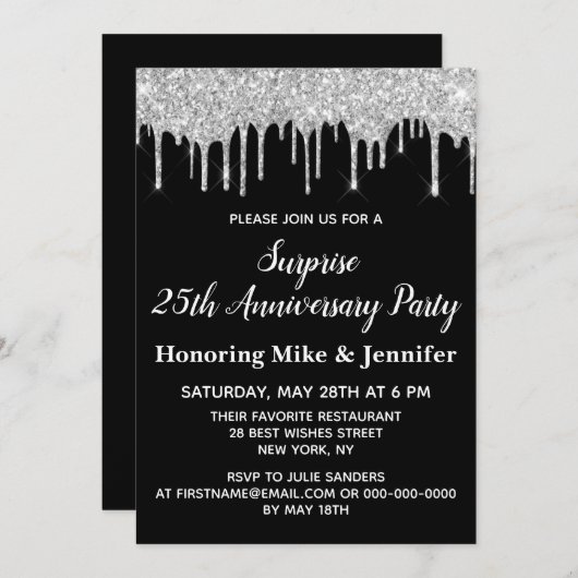 25e Black and Silver Surprise Jubileum Party Kaart (Voorkant / Achterkant)