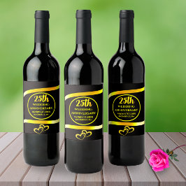 25e Black Gold Modern Wedding Jubileum Party Wijn Etiket