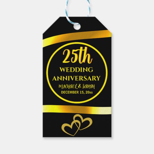 25e Black Gold Wedding Jubileum Modern Heart Cadeaulabel (Voorkant)