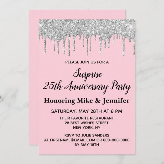 25e Blush Pink Silver Surprise Jubileum Party Kaart (Voorkant / Achterkant)