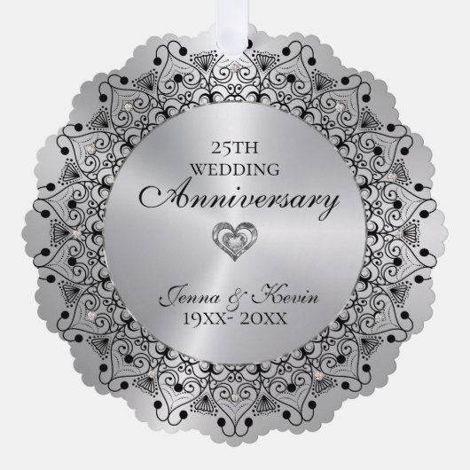 25e bruiloft Jubileum BlackMandala op zilver Ornament Kaart (Voorkant)