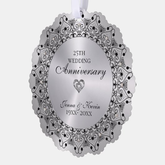 25e bruiloft Jubileum BlackMandala op zilver Ornament Kaart (Links)