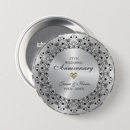 25e bruiloft Jubileum BlackMandala op zilver Ronde Button 7,6 Cm (Voorkant /achterkant)