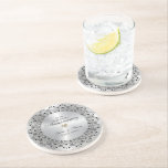 25e bruiloft Jubileum BlackMandala op zilver Zandsteen Onderzetter<br><div class="desc">Herinneer uw 25e trouwdag met dit elegante ontwerp-een zwarte  mandala op een Afbeelding metallische zilvertextuur. Zij worden uitgestraald met witte diamanten voor elk uur-klantgerichte tekst in zwart binnen een glans zilveren cirkel.</div>