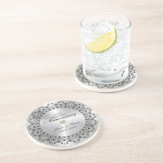 25e bruiloft Jubileum BlackMandala op zilver Zandsteen Onderzetter (Zijkant)