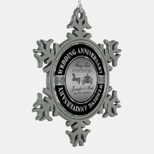 25e bruiloft Jubileum-bruiloft Paard en vervoer Tin Sneeuwvlok Ornament (Links)