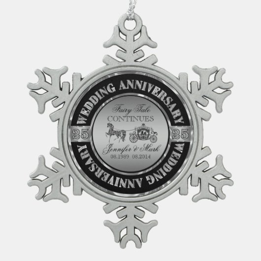 25e bruiloft Jubileum-bruiloft Paard en vervoer Tin Sneeuwvlok Ornament (Voorkant)