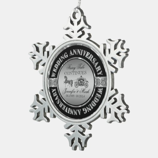 25e bruiloft Jubileum-bruiloft Paard en vervoer Tin Sneeuwvlok Ornament (Rechts)