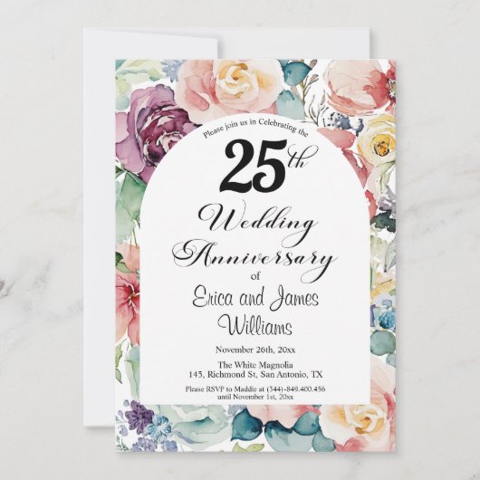 25e bruiloft Jubileum Elegant Script Floral Kaart (Voorkant)