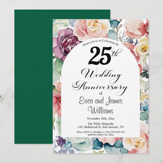 25e bruiloft Jubileum Elegant Script Floral Kaart (Voorkant / Achterkant)